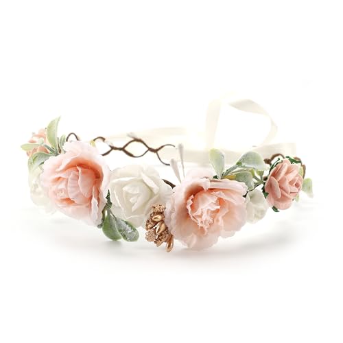 PoshMyra Flower Girl Flower Crown Peach Baby Girls Floral Headpieces Kids Headband Children Hair Wreath Photo Prop(43cm length)