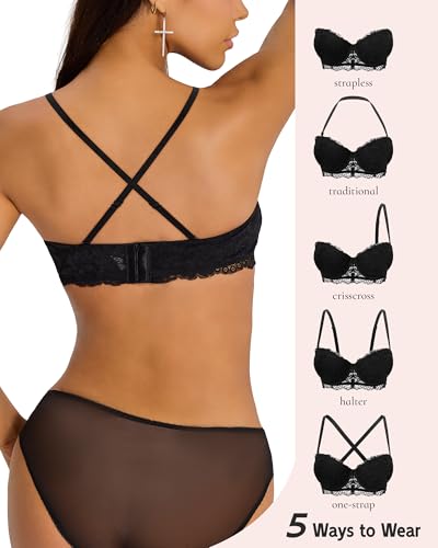 Image of Strapless Bra Push Up Lace Padded Convertible Multiway Underwire Bras Add 1 Cup