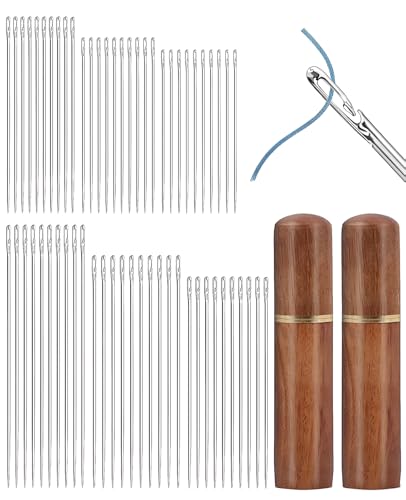 Gaahkai 60PCS Self Threading Needles 6 Sizes Side Opening Large Eye Embroidery Needles for Hand Sewing with Wooden Case