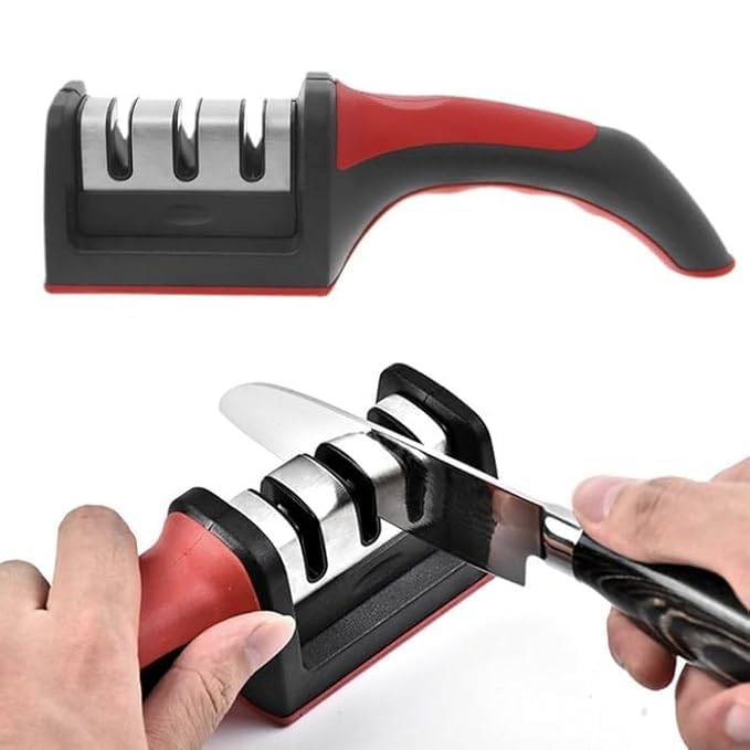 Image of Professional Kitchen Knife Sharpener with 3-Stage Sharpening System, Ergonomic Red Handle, Black (1, 3-Stage)