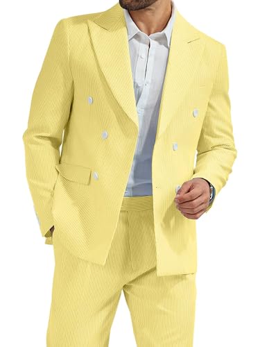 High-End Suits Men's Seersucker Suits 2 Piece Casual Summer Beach Wedding Prom Suit Yellow Prom Striped Blazer Pants Set XXL