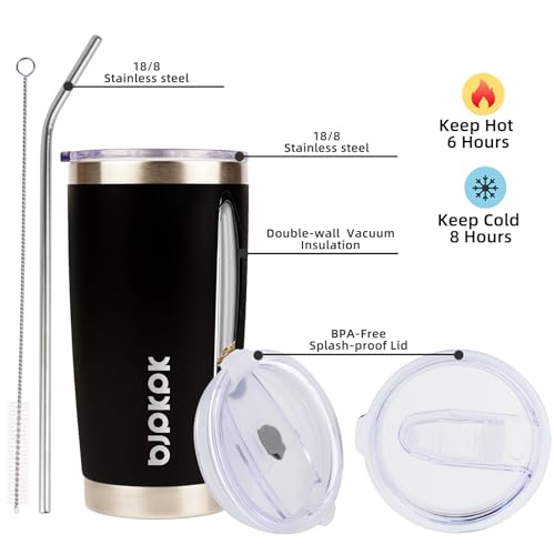 Image of BJPKPK 20 oz Coffee Tumbler with Lid, Straw, Insulated Stainless Steel Mug | Double Wall Vacuum, Keeps Hot /Cold, BPA Free, Leak Proof, Iced Coffee Cup Fit Car Holder, Travel & Beach Ready, Black