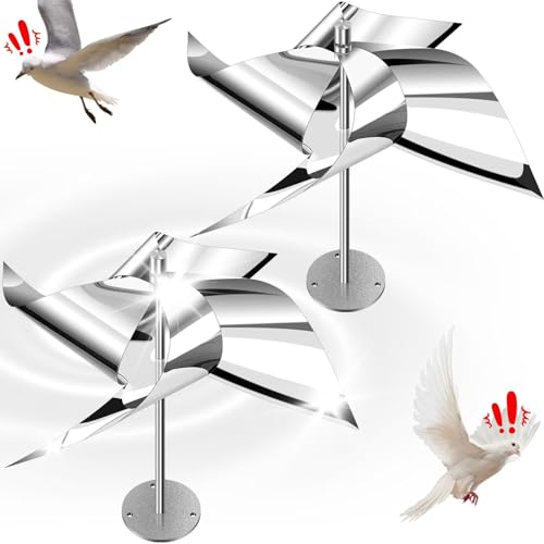 2 Pack Reflective Wind Powered Scare Devices, Weatherproof Aluminum Reflective Spinning Deterrent for Outdoor Use Gardens Railings Roofs, Deter Pigeons Sparrows & Woodpeckers