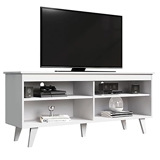 Madesa Mueble de TV Moderno, Mesa de Salón con 4 Estantes de Gran Almacenaje para Televisores de hasta 55 Pulgadas, 136 x 38 x 58 cm, Madera - Blanco