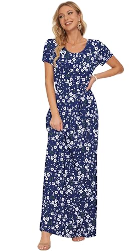 Image of AUSELILY Women's Summer Short Sleeve Loose Plain Casual Long Maxi Dresses | Year Round wear solid floral print, Casual wear, Empire waist, Floor length, Side pockets