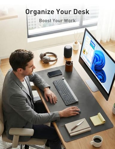 Image of Aothia Faux Leather Desk Mat - Non-Slip PU Leather Desk Blotter, Waterproof Writing Surface, Large Desk Pad for Office & Home (Grey, 55 inch x 17 inch)