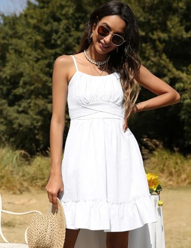 ROYLAMP Women's Summer Spaghetti Strap Dress Casual Wrap Sleeveless Backless Ruffle Hem Swing Mini Dresses with Pockets2