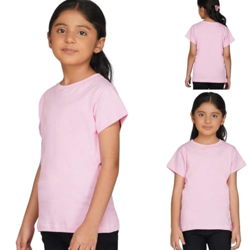 Image of Kids Round Neck Girls Tshirt | Short Sleeves | Natural Organic 100% Cotton Soft Comfortable Fabric | Plain Color Original Branded Half Sleeve | School t-Shirt for Girl Kid | Sleepwear Everyday Casual