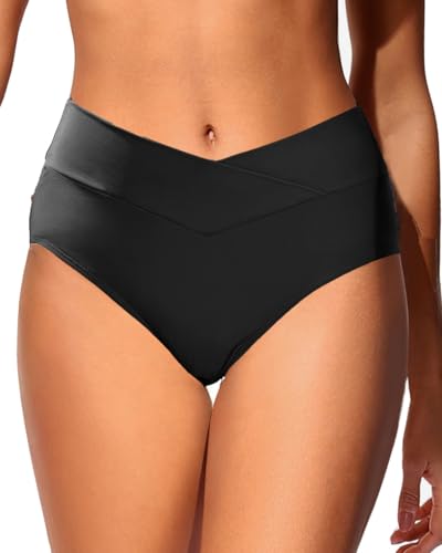 Image of Women V Cut Full Coverage Bikini Bottom - High Waist Swim Bathing Suit Bottoms Cross V Front Swimsuit