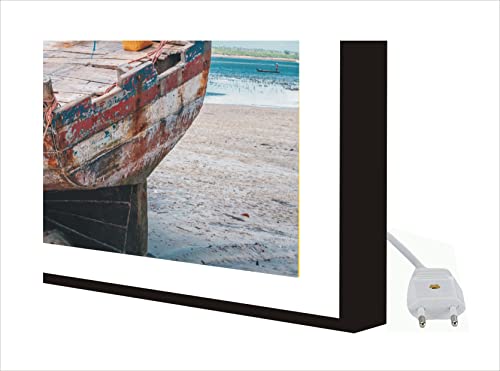 CCRETROILUMINADOS Bild mit Holzrahmen, schwarz lackiert, mit LED-Licht, Alte Boot am Strand