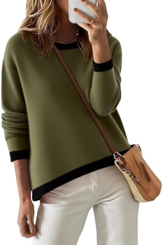 Image of Womens Striped Lightweight Cotton Sweaters Long Sleeve Crew Neck Color Block Casual Knitted Pullover Tops