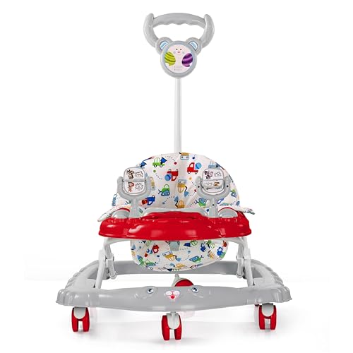 Image of BabyGo Jonny Walker for 6-24 Months, Baby Walker with Push Handle & Activity Tray - Foldable Adjustable Height Infant Walker with Wheels, Music,Toy Bar and Comfotable seat (Red-Grey)