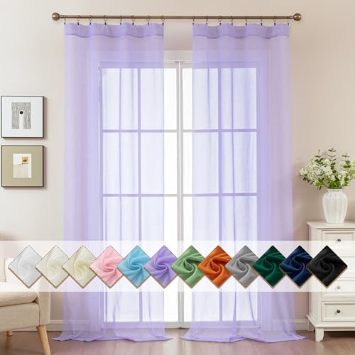 Image of Purple Sheer Curtains 96 Inches Long, Privacy Semi Sheer Curtains for Living Room Bedroom, Light Filtering Rod Pocket Voile Window Drapes 2 Panels Set, Each 42 inch W x 96 inch L