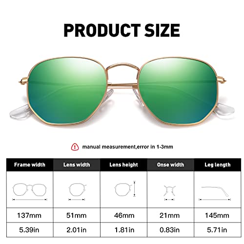 Polarized Hexagon Sunglasses for Women Men Metal Frame Square Small Polygon Sun Glasses UV400 Protection (A) Gold-Green Mirror Lens4