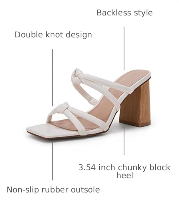 Image of LAICIGO Womens Chunky Block Heels Sandals Square Open Toe Slip on Slides | 3.5In-High Heeled Sandals, Double Knot Strap, Summer Dress Shoes, Work Casual, Vacation, Party