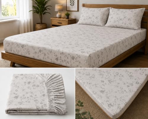 Image of Fitted Bedsheet Light Grey Vintage Floral Print Glace Cotton 210 TC | Single Size for Single Bed Fits 3 x 6.25 ft Mattress (36 x 75 Inch) | All Around Elastic | 2 Pillow Cover | 7 Inch Deep Pocket