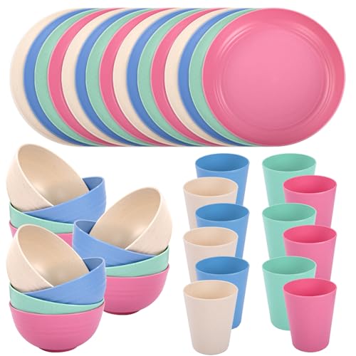 LIYH 36 Pcs Wheat Straw Dinnerware Set for 12,Plastic Plates Reusable,Camping Plates and Bowls Set,Dishwasher Safe Dinnerware,Unbreakable Plate Pink Green Blue Beige