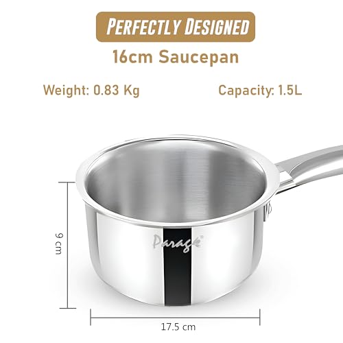 Image of Parage Tripure Tri-Ply Stainless Steel Sauce Pan 16 cm, 1.75 LTR | ISI Mark Certified | Heavy Bottom Steel Pan for Tempering & Cooking | Stay Cool Handle | Induction & Gas Friendly | 5 Years Warranty