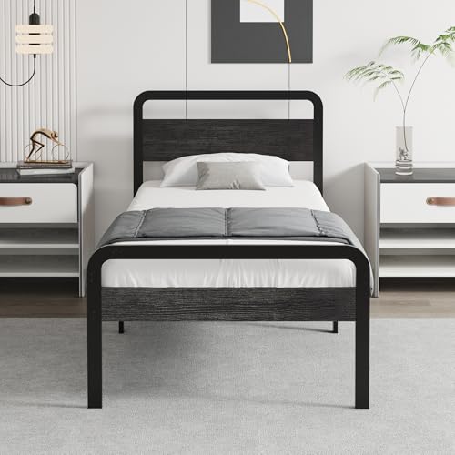 Cieemine 14 Inch Twin Size Bed Frames with Wooden Headboard and Footboard, Rustic Black Wood Bed Frame Twin No Box Spring Needed, Heavy Duty Mattress Foundation, Easy Assembly