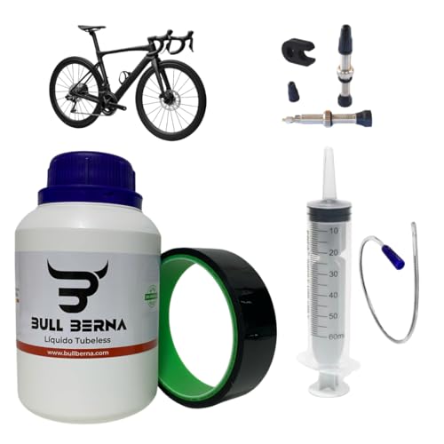 BULL BERNA Kit Tubeless para Bicicleta de Carretera, Incluye Líquido Sellante, Válvulas Presta, Kit de Dosificación y Cinta de 20 mm