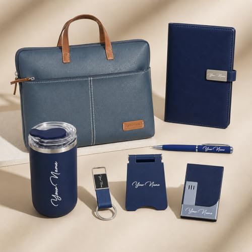 Image of Giftana 7 in 1 Laptop Bag with Personalized Diary & Pen, Keychain, Card Holder, Mobile Stand, Coffee Tumbler 350ml, Customized Gift for Husband, Employee Welcome Kit, Corporate Gift for Employees (Blue)