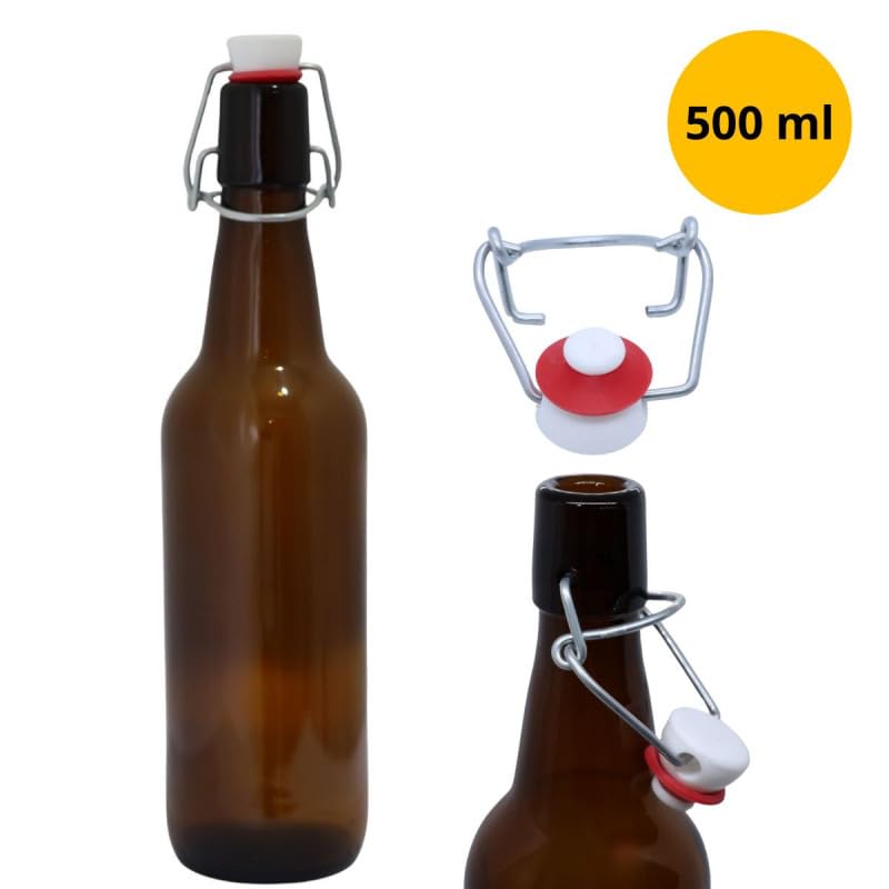 Botella de cerveza de cristal marrón de 500 ml con tapa abatible de plástico, 10 unidades.