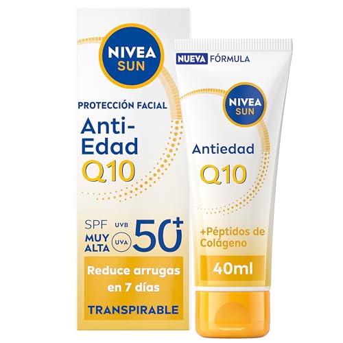 NIVEA SUN Q10 Protección Facial Antiedad SPF50+ Transpirable - Crema Solar Facial UV - Reduce Arrugas en 7 Días - Q10, Péptidos de Colágeno, Licocalcón A - 0% Sensación grasa - Piel Madura - 40 ml