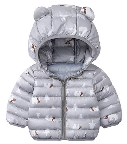 Coolder Kids' Cute Ultralight Jackets Winter Puffer Hoodie Baby Boys Girls Warm Cartoon Windproof Jacket for 1-5 Y(Grey,120)