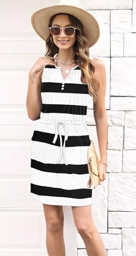 Image of Womens Summer Casual Dresses Drawstring Waist Short Dress with Pockets | Sleeveless Casual Dress,ETCYY Vacation Beach Dress,Striped Sundress,Boho Floral,Mini Dresses,Sexy Sundress,Resort Wear