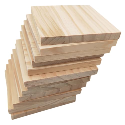 Lot de 12 Blocs carrés en bois brut pour travaux manuels, 10 x 10 x 1 cm planches en bois de pin vierges pour sculpture sur bois, dessous de verre en bois,...