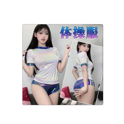 [YAISHN] ブルマ セクシー コスプレ 体操着 体操服 エナメル 光沢 ブルー 過激 エッチ エロい 可愛い 半袖 女子高生 制服 レディース 下着 ストッキング 3点セット フリーサイズ - 画像1