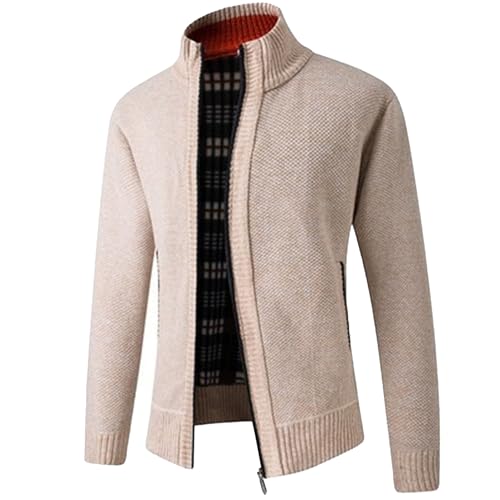 Men's Slim Fit Zipped Knitted Cardigan Classic Casual Long Sleeve Stand Collar Sweater Fleece Lined Warm Outwear (Apricot1,3X-Large)