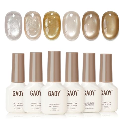 GAOY Brown Glitter Cat Eye Gel Polish Kit with Magnet 6 Colors Silver Holographic Nail Polish Set UV Cure Gel for DIY Manicure at Home