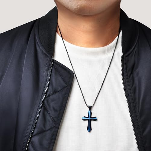 Metro Jewelry Stainless Steel Cross Pendant Necklace for Men with Black and Blue Ion Plating on 24 Inches Long Round Box Chain2