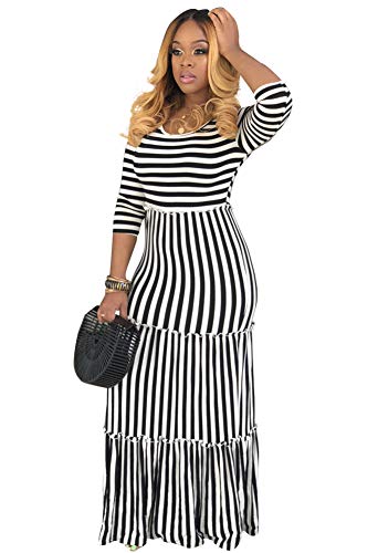 OLUOLIN Maxi Dresses for Women Casual Summer - Elegant Long Sleeve Striped Fall Dresses Black XL