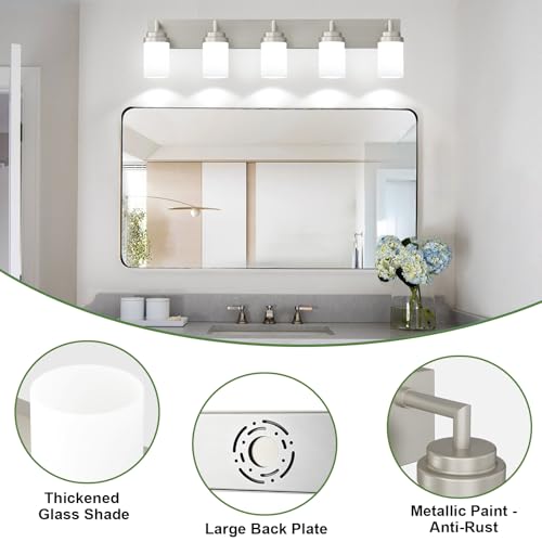 Image of Bathroom Light Fixtures, Brushed Nickel Bathroom Lighting Fixtures Over Mirror, Modern Vanity Light with White Glass Shade, Restroom Lighting Fixtures, 5-Light 36-inch