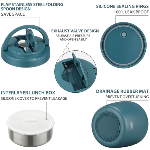 Image of wiwens Thermo Food Jar for Hot Food Adults 32OZ Soup Thermo Lunch Containers Wide Mouth Vacuum Insulated Stainless Steel Leakproof Bento Box with Spoon (lake blue)