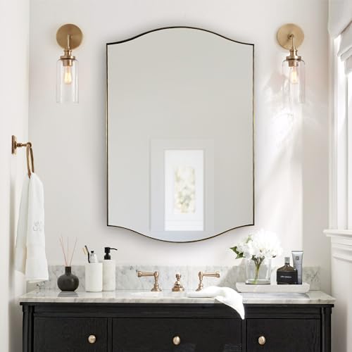 Image of ANDY STAR Gold Bathroom Mirror, 24 inchx36 inch Brushed Brass Scalloped Wall Mirror in Stainless Steel Metal Frame, Unique Vanity Mirror with Modern Curved Edge Design, Ideal for Bathroom, Bedroom, Entryway