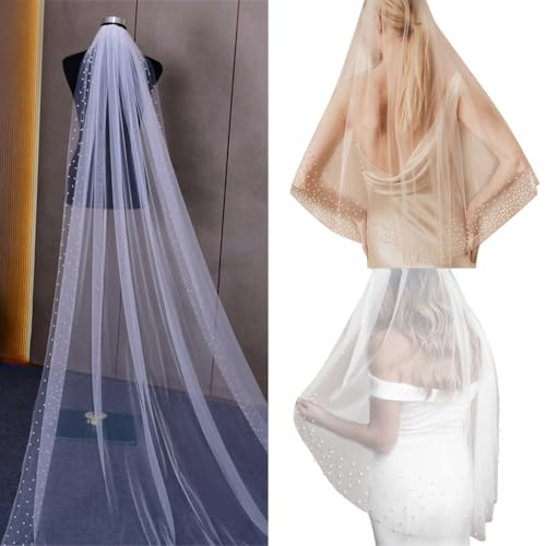Velo blanco para novia con perlas mantilla con tachuelas para desfile 2