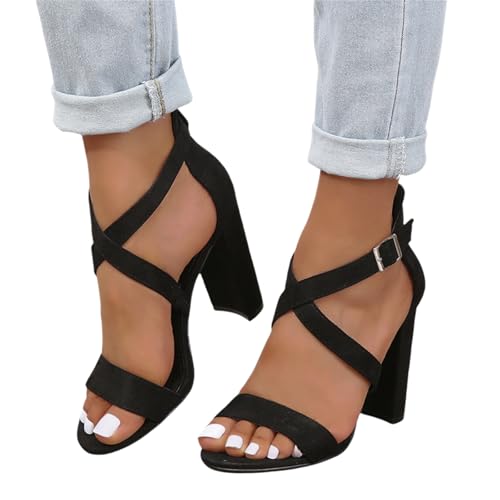 Women Chunky Heeled Sandals Cross Ankle Strap Open Toe Dress Block Heel Pumps Summer Casual Office Prom Wedding Party Shoes