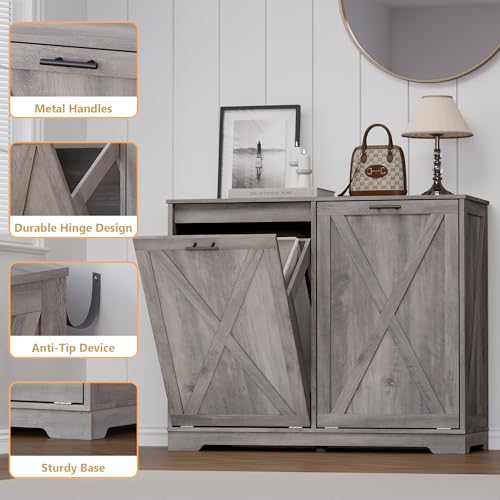 Image of BORNOON Tilt Out Trash Can Cabinet for 2 Bins, Hidden Recycle Garbage Bin Enclosure, Wooden Double Laundry Cabinet with Odor Control, Negative Ion & Ozone, for Kitchen, Bathroom, Laundry Room