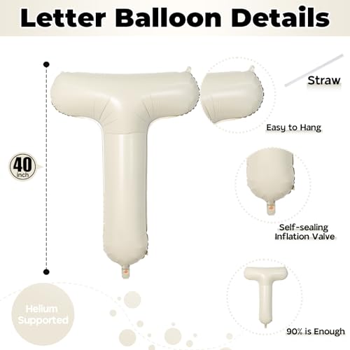Image of 40 Inch Beige Letter Balloon, Cream White Sand Alphabet With Ribbon for 2 Year Old Birthday, Second Anniversary Party Decorations - Neutral Ivory for Kids, Boys, Girls