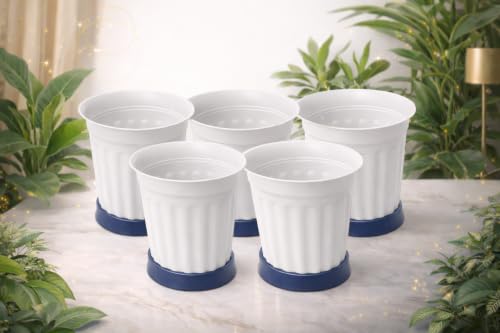 Image of TechHark WhitePlastic Plant Pots with Saucer, Ribbed Style, for Indoor and Outdoor Use, Set of 5