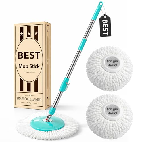 Image of Premium 360 Spin Mop Stick Rod with Stainless Steel Handle | Adjustable & Extendable Mop Handle | Heavy Duty Rust-Proof Floor Cleaning Rod Compatible with Spin Mop Refill - 2 Refill