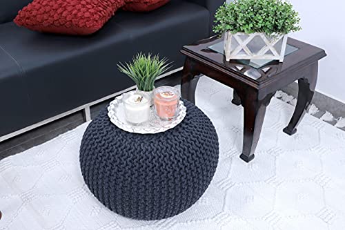 FRELISH DECOR Round Pouf Ottoman Hand Knitted 100% Cotton Pouf Foot Stool - Knitted Bean Bag - Floor Chair for Living Room Bedroom - Foot Rest for Couch (20 Diameter x 14 Height) - Dark Grey