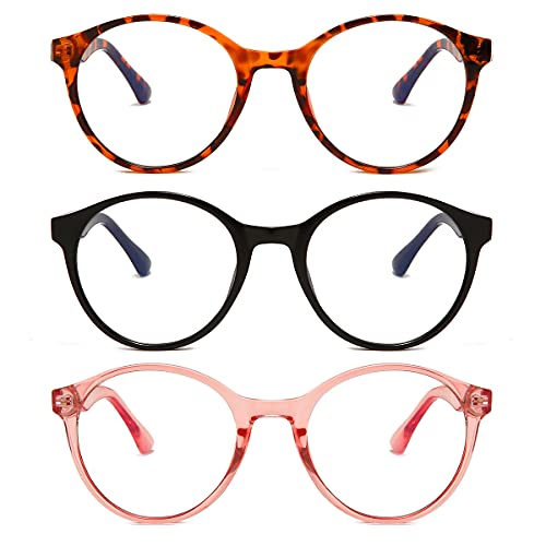 Z&L HOUSE Blue Light Blocking Glasses, 3 Pack Lightweight Reading Retro Round Eyeglasses Frame Filter Blue Ray Computer Game Glasses for Men Women Anti Glare (Leopard & Bright Black & Pink)