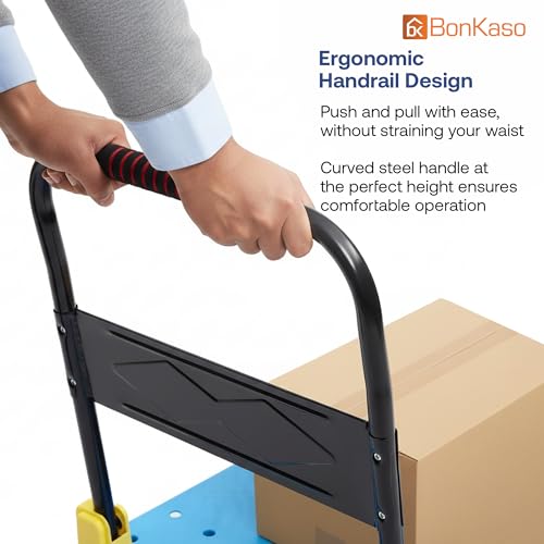 Image of BonKaso 450Kg Heavy Duty Metal Platform Trolley | Foldable Hand Truck with 4 360 Rotating TPR Wheels & Cushioned Grip | Cart for Warehouse, Office & Home (91.5 x 58.3 cm) Blue