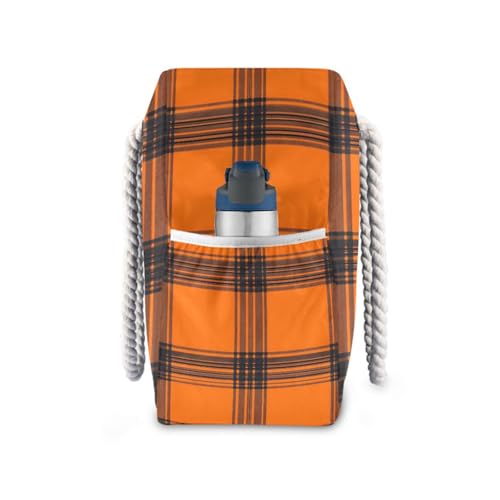 Beach Bag - Large Tote Bags for Women Orange Black Checked Shoulder Bags Zipper Waterproof Sandproof for Travel Gym Swim Daily3