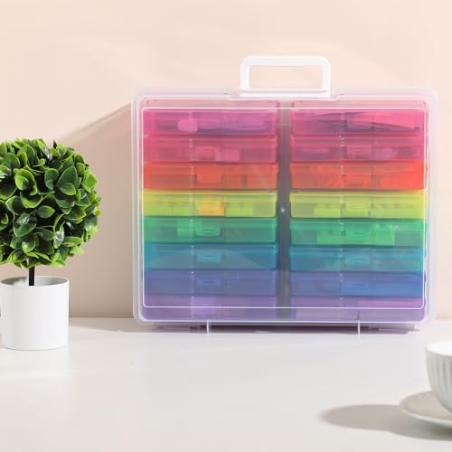 Image of PCA Photo Storage Box 4 inch x 6 inch Cases With Handle - 16 Inner Keeper, Large Organizer, Plastic Craft Case for Stickers, Stamps, Jigsaw, Vegetable Seeds