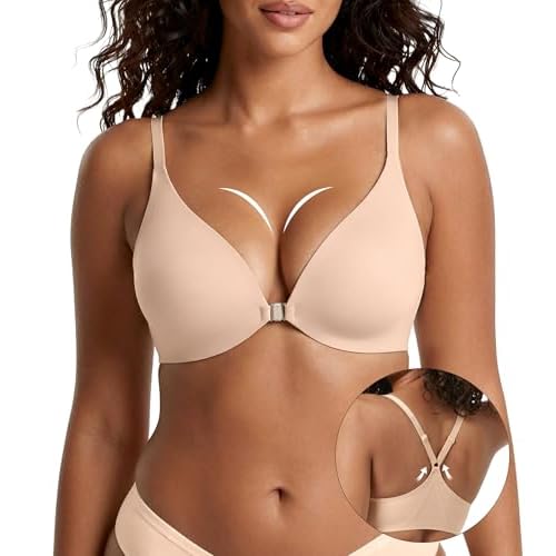 DEANGELMON Front Closure Bras for Women Wireless Jelly Padded Racerback Bralett Low Cut T-Shirts Bra Large B-skin